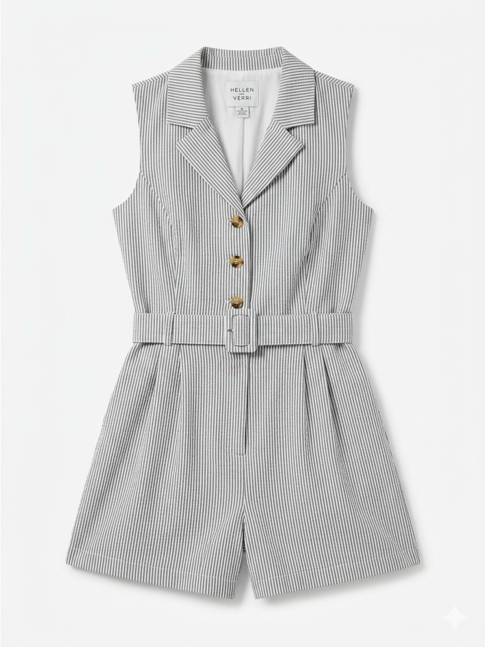 Hellen Verri Gray Pinstripe Sleeveless Belted Romper
